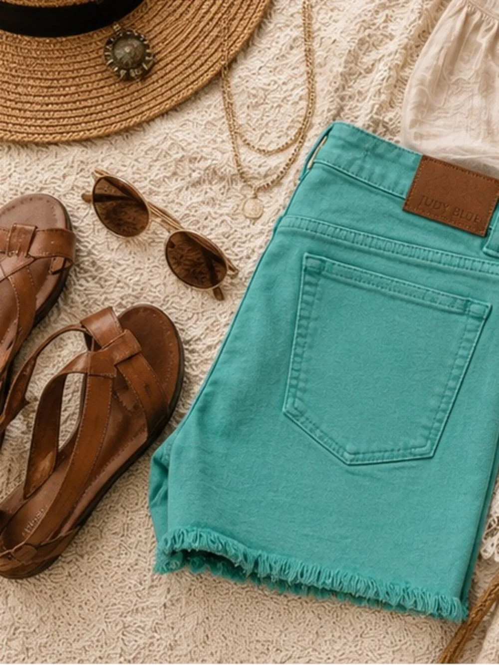 Judy Blue Aqua Garment Dyed Mid Rise Frayed Hem Denim Shorts